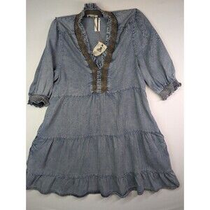 Easel Denim Babydoll Tiered Dress Coastal Boho Western Festival Small Wedding